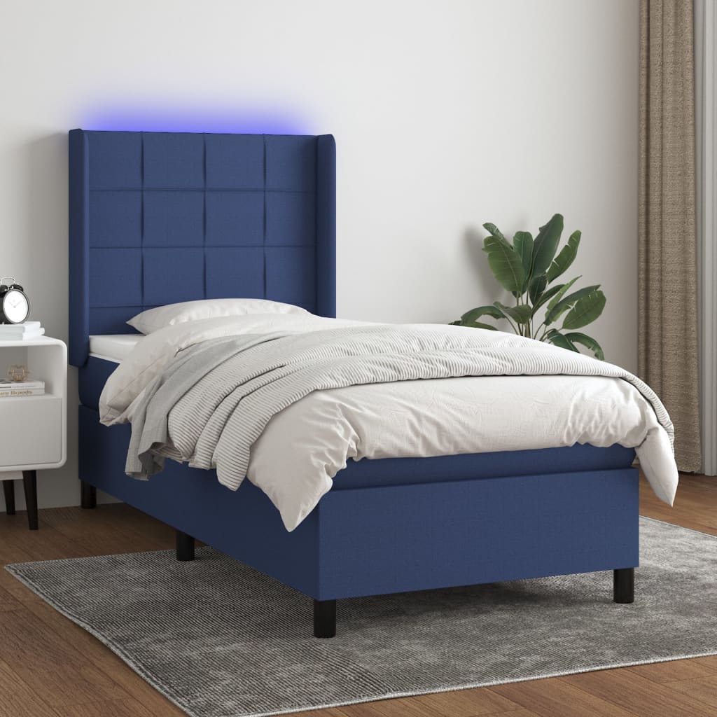 Cama Box Spring Colchón Y Luces Led Tela Azul 90x200 Cm / Vetonek_4