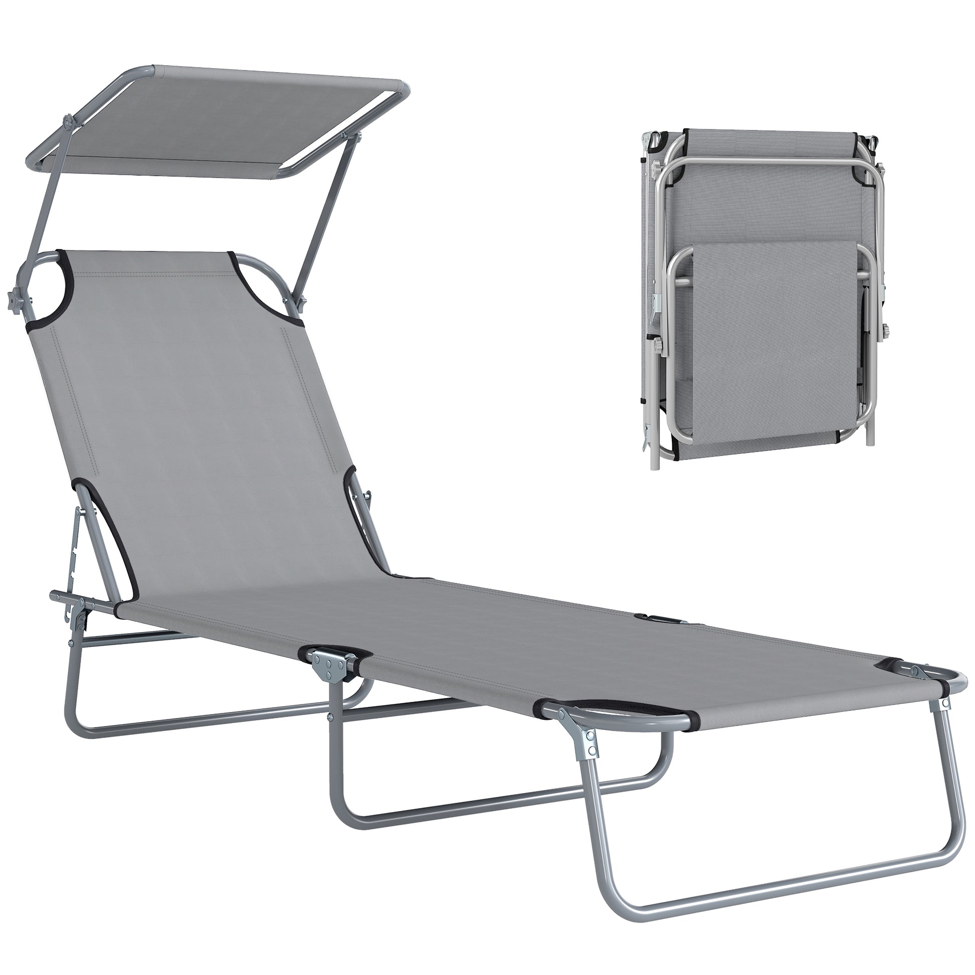 Outsunny Tumbona De Jardín Plegable Con Toldo Desmontable 187x58x36cm Gris Claro_0