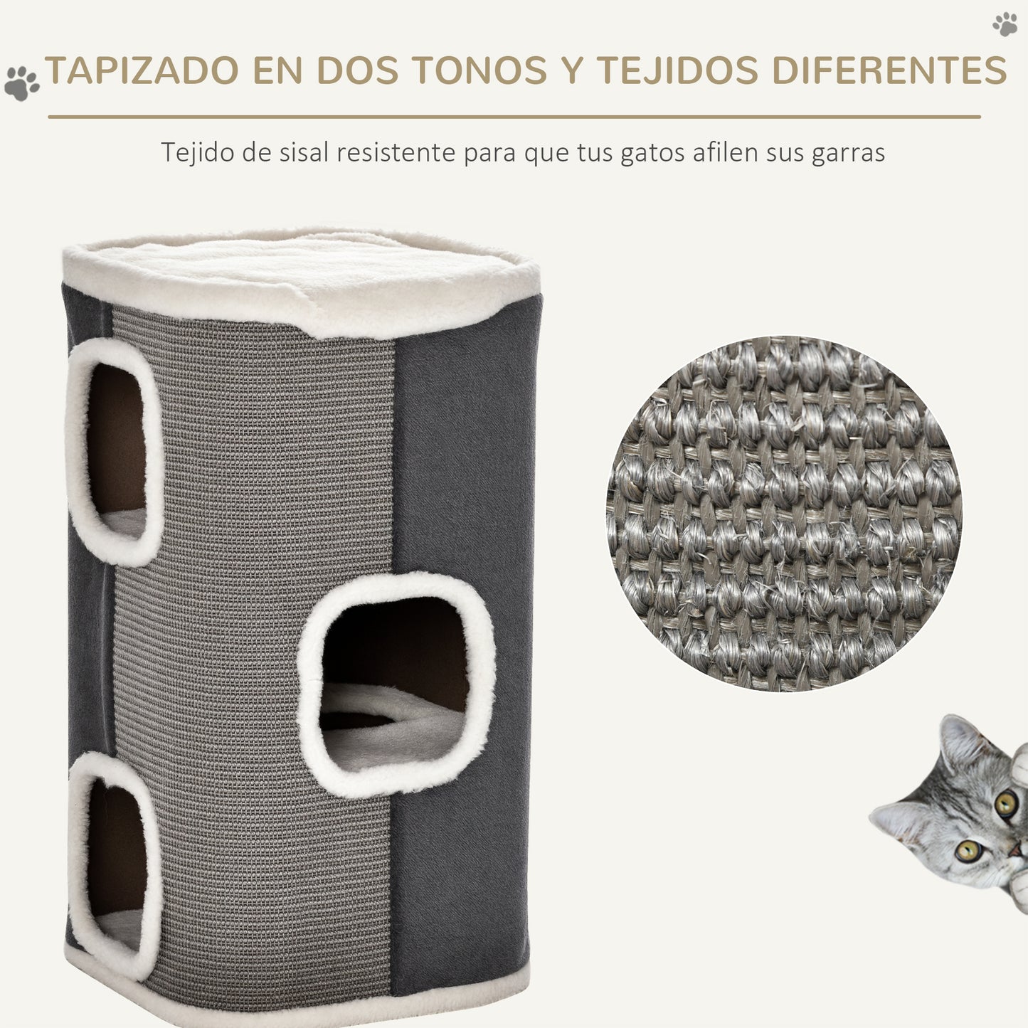 Pawhut Barril Rascador Para Gatos De 2 Niveles Con Cuevas De Sisal Felpa Suave Y Plataforma De Vellón 40x40x49 Cm Gris_5