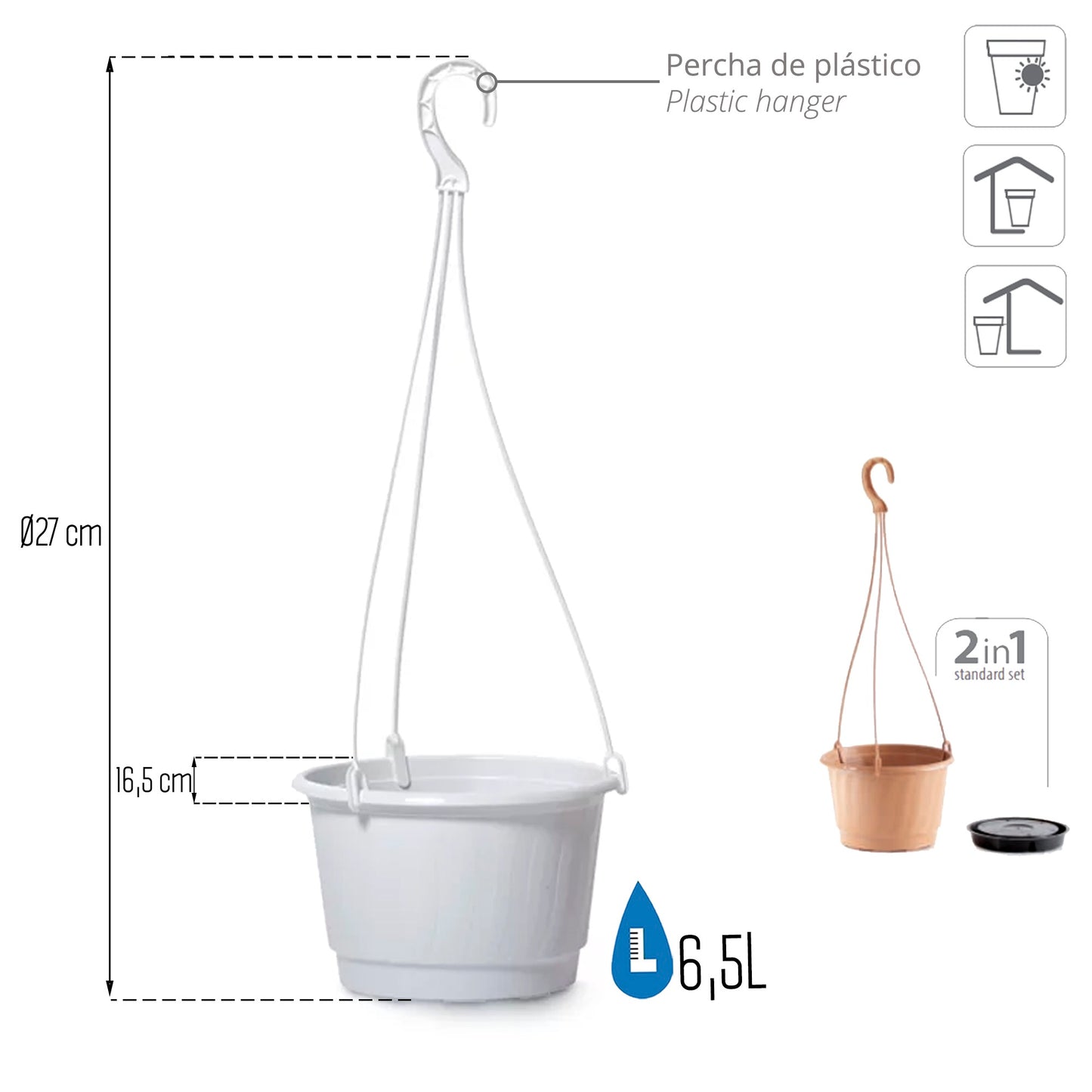 Macetero Colgante Pro 6,5l., Dimensiones (mm) 270x270x165, Color Blanco