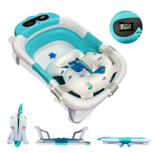 Bathby Bañera Plegable Para Bebés Recién Nacidos, Cojín Dinosaurio, Termómetro, Patas Antideslizantes (azul Dinosaurio)_0
