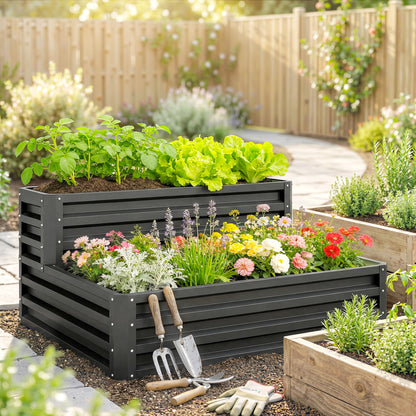 Outsunny Huerto Urbano De 2 Niveles Diseño De Escalera 120x101x58 Cm Gris Oscuro_1