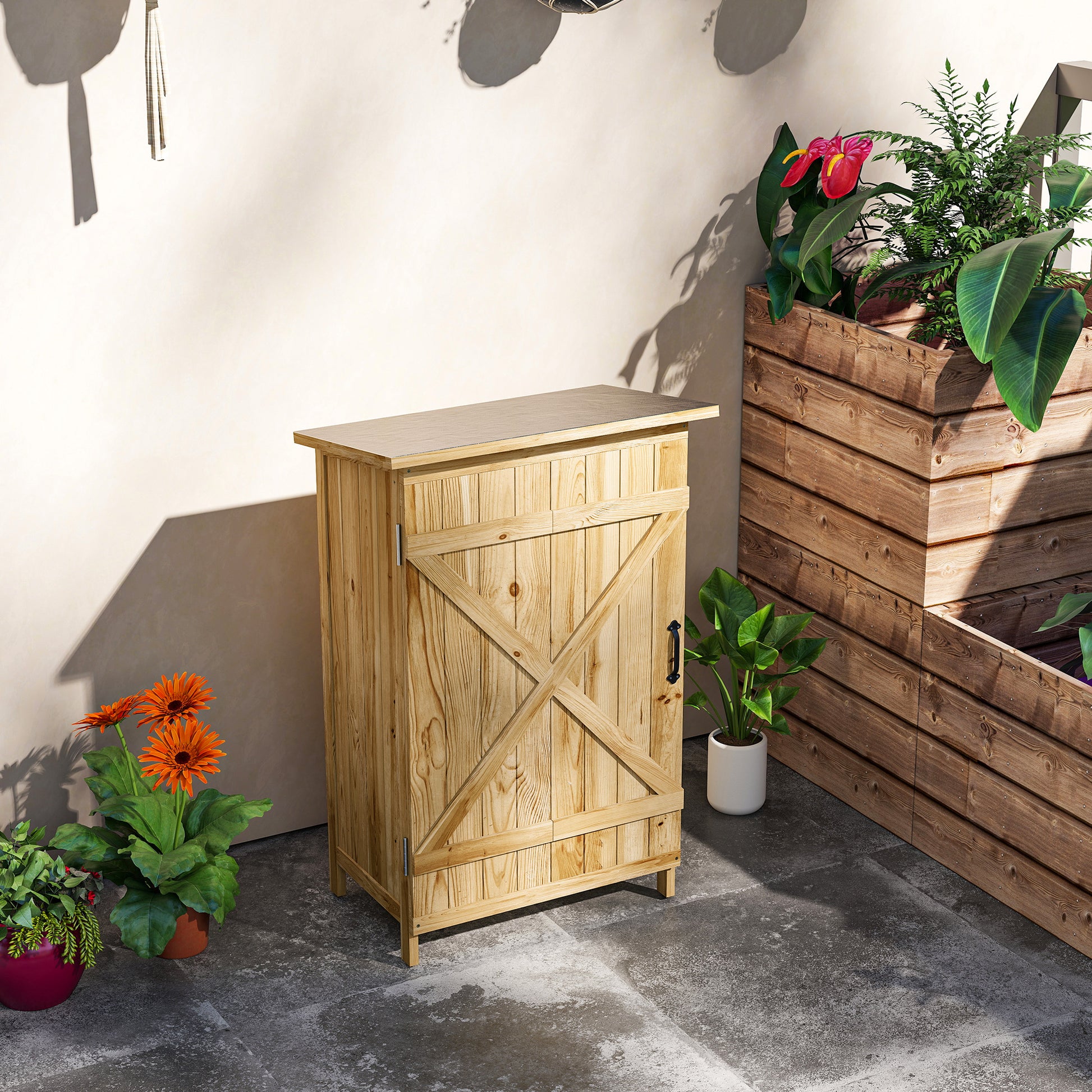 Outsunny Caseta De Jardín De Madera 63,5x40x90 Cm Con 2 Estantes Puerta Natural_3