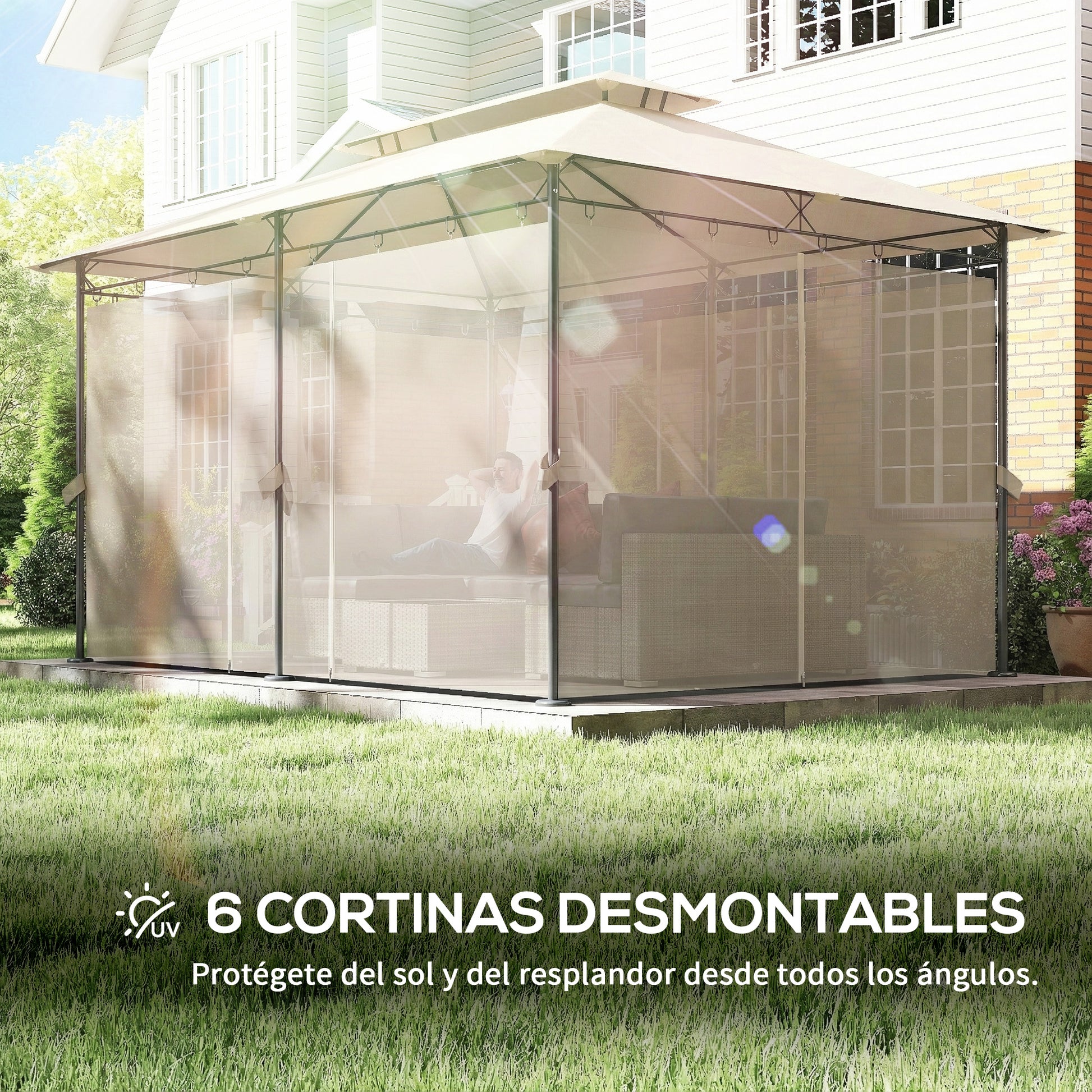 Outsunny Cenador De Jardín 4x3 M Con Doble Techo Paredes Laterales Beige_5