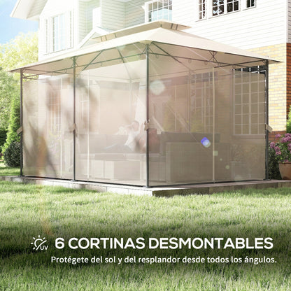 Outsunny Cenador De Jardín 4x3 M Con Doble Techo Paredes Laterales Beige_5