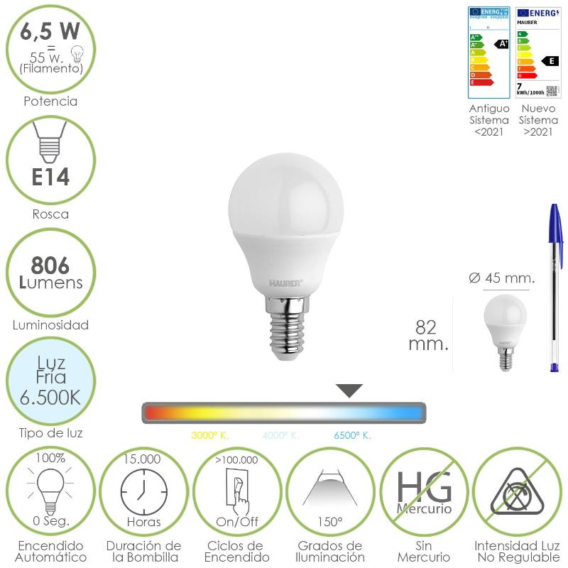 Bombilla Led Esfera Rosca E14. 6.5 Watt. Equivale A 55 Watt. 806 Lumenes. Luz Fría 6500º K._0