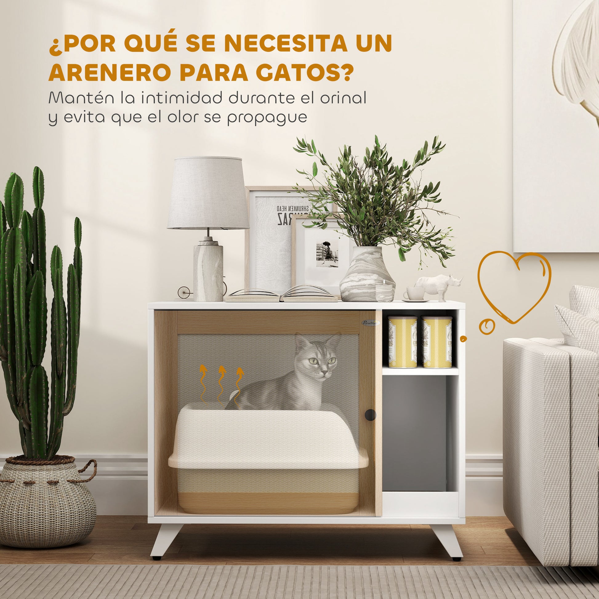 Pawhut Mueble Arenero Para Gatos Con Puerta Con Almohadilla Para Rascar Blanco_4