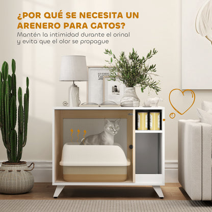 Pawhut Mueble Arenero Para Gatos Con Puerta Con Almohadilla Para Rascar Blanco_4