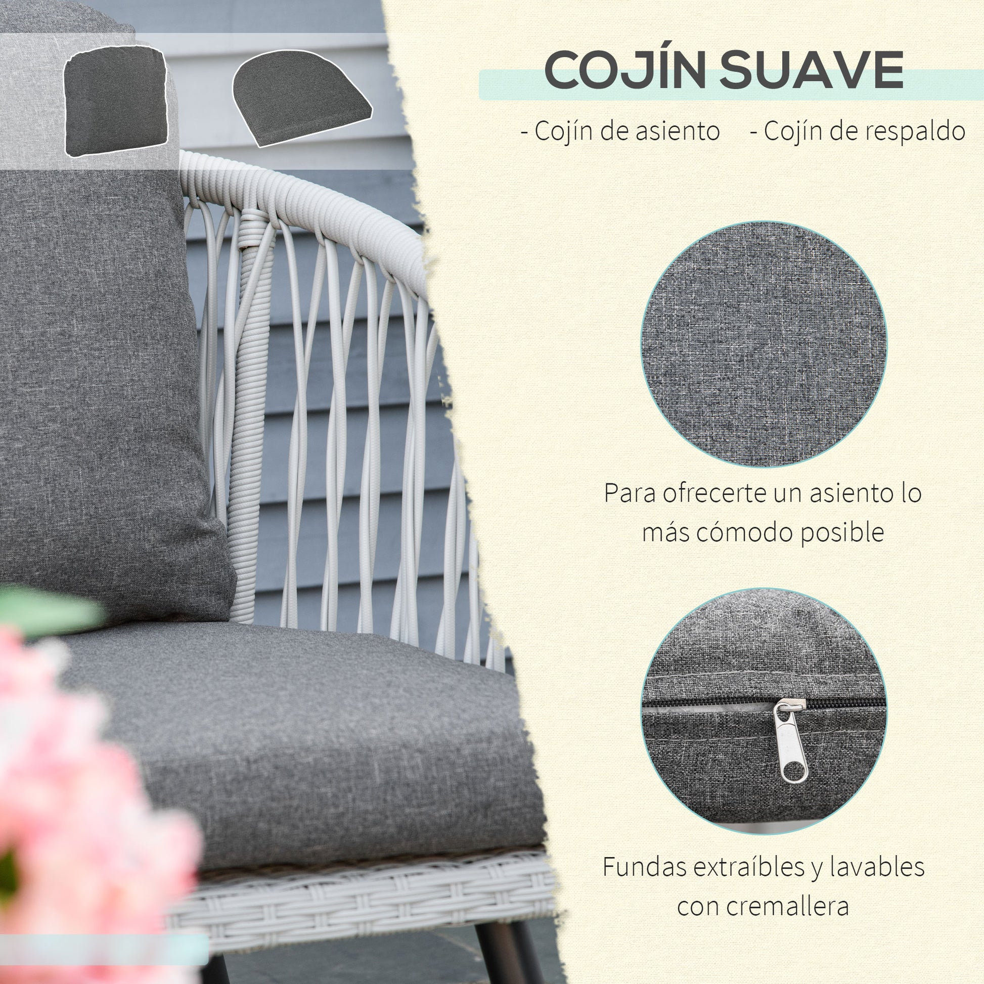 Outsunny Conjunto Muebles Ratán Jardín Mesa Sofá De 3 Plazas Y 2 Sillones Gris_5