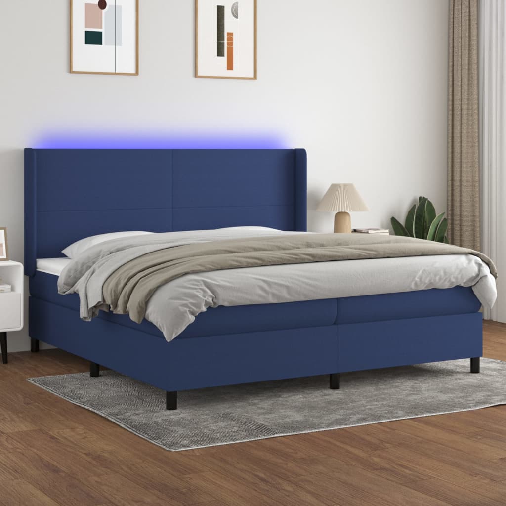 Cama Box Spring Colchón Y Luces Led Tela Azul 200x200 Cm / Vetonek_4
