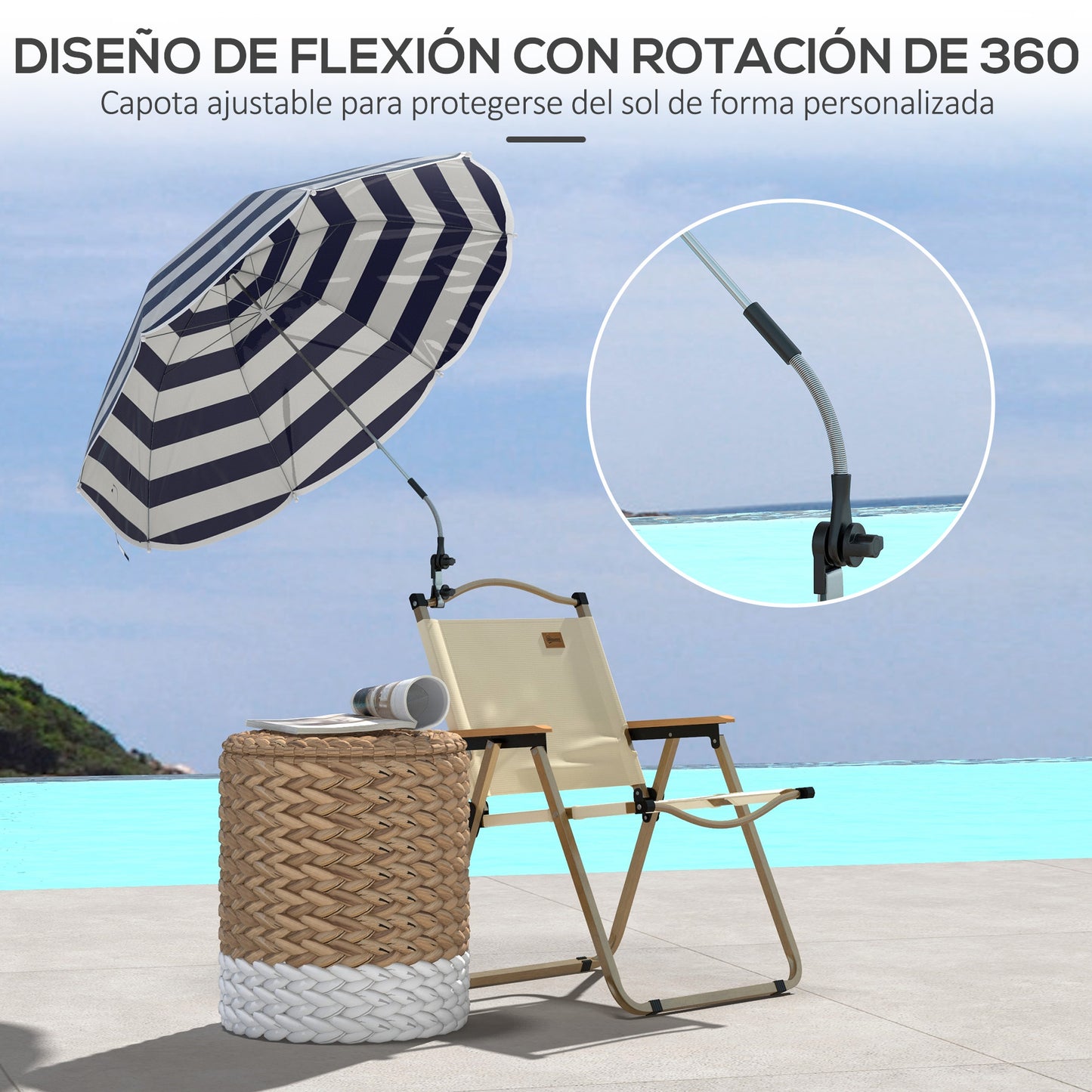 Outsunny Sombrilla Playa Para Silla Ø103x97,5 Cm Con Abrazadera Azul Y Blanco_5