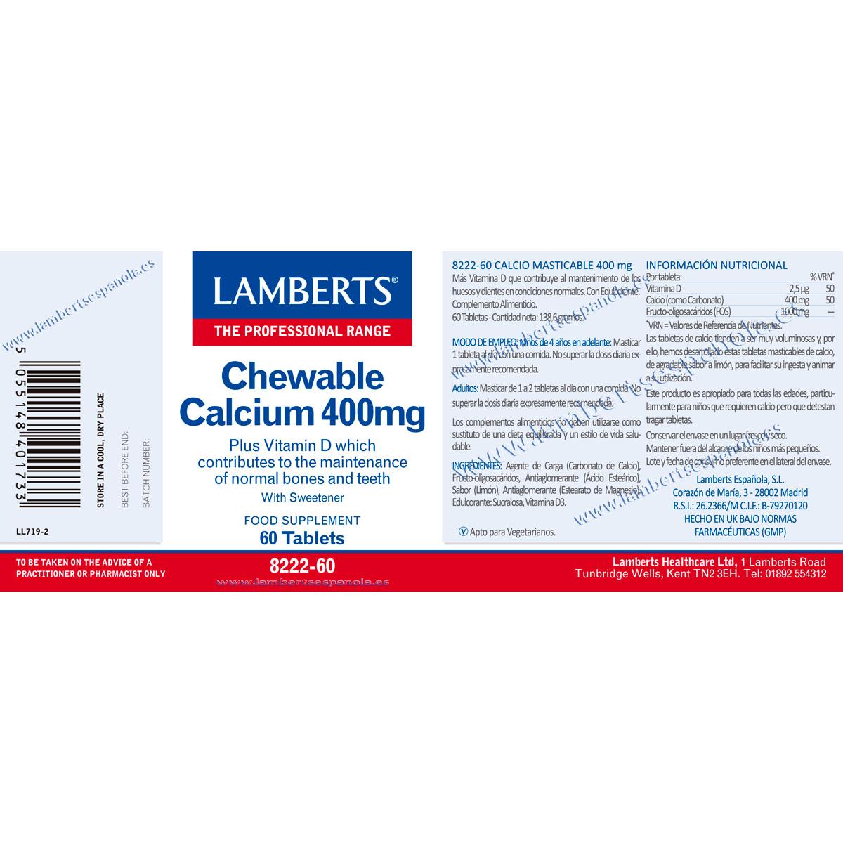 Calcio Masticable 400 mg 60 Comprimidos Lamberts