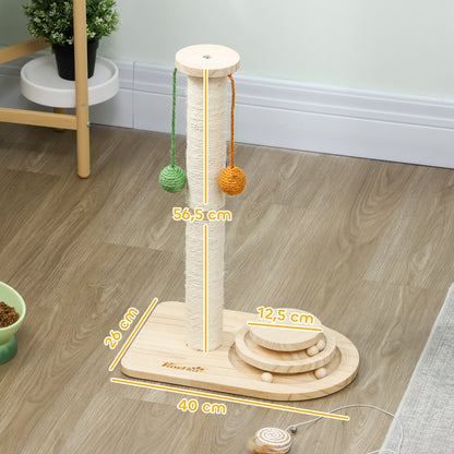 Pawhut Poste Rascador Para Gatos 56,5 Cm Con 3 Bolas Colgantes Madera Natural_2