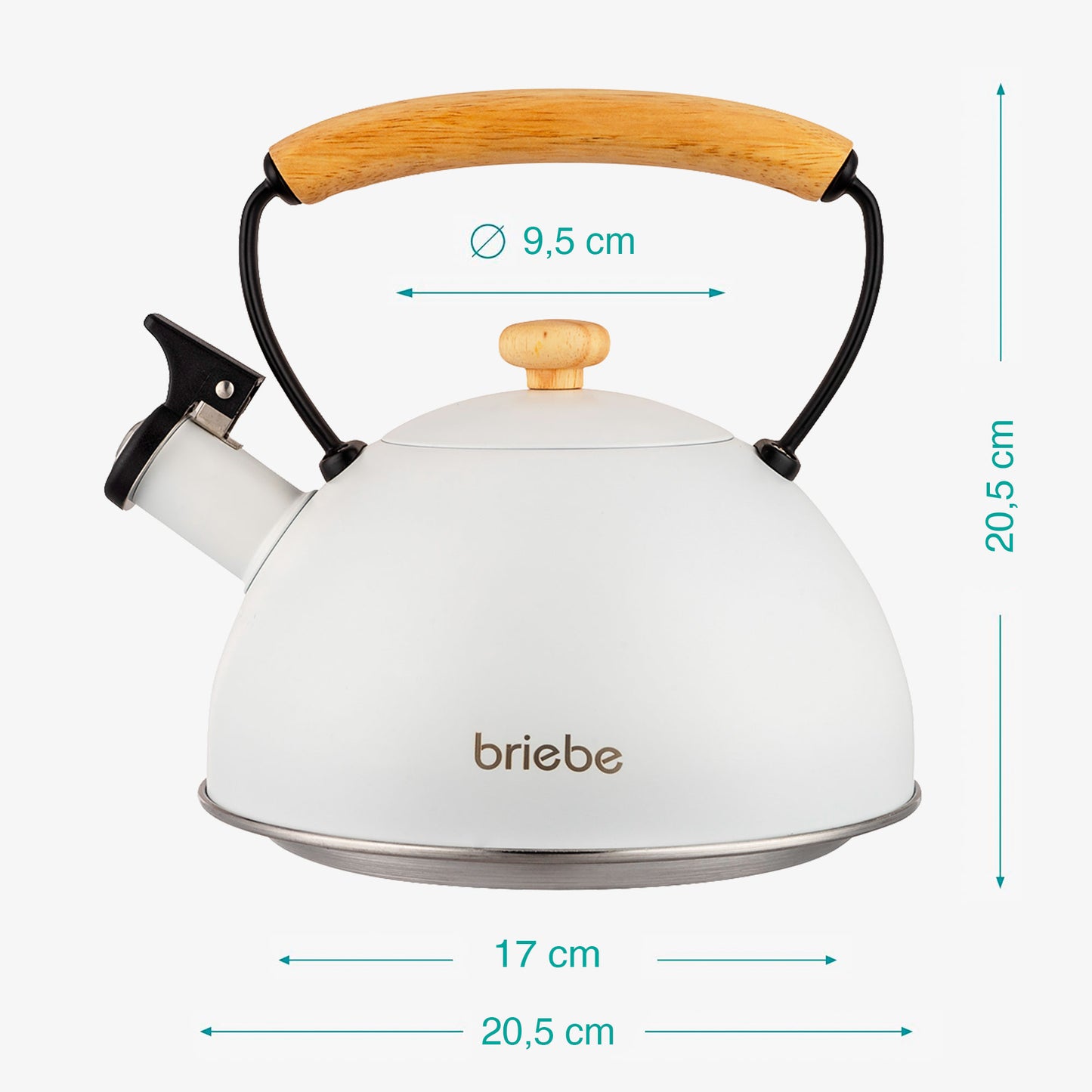 Tetera Con Silbato, Hervidor De Agua 2,5l, Inducción, Acero Inox, Vintage, Mango Madera, Briebe, Nordic, Blanco
