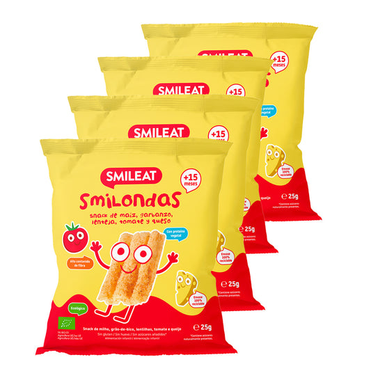 Pack 4x Smilondas Snack de Maiz, garbanzo, lenteja, Tomate y Queso Eco, Smileat, 25 g