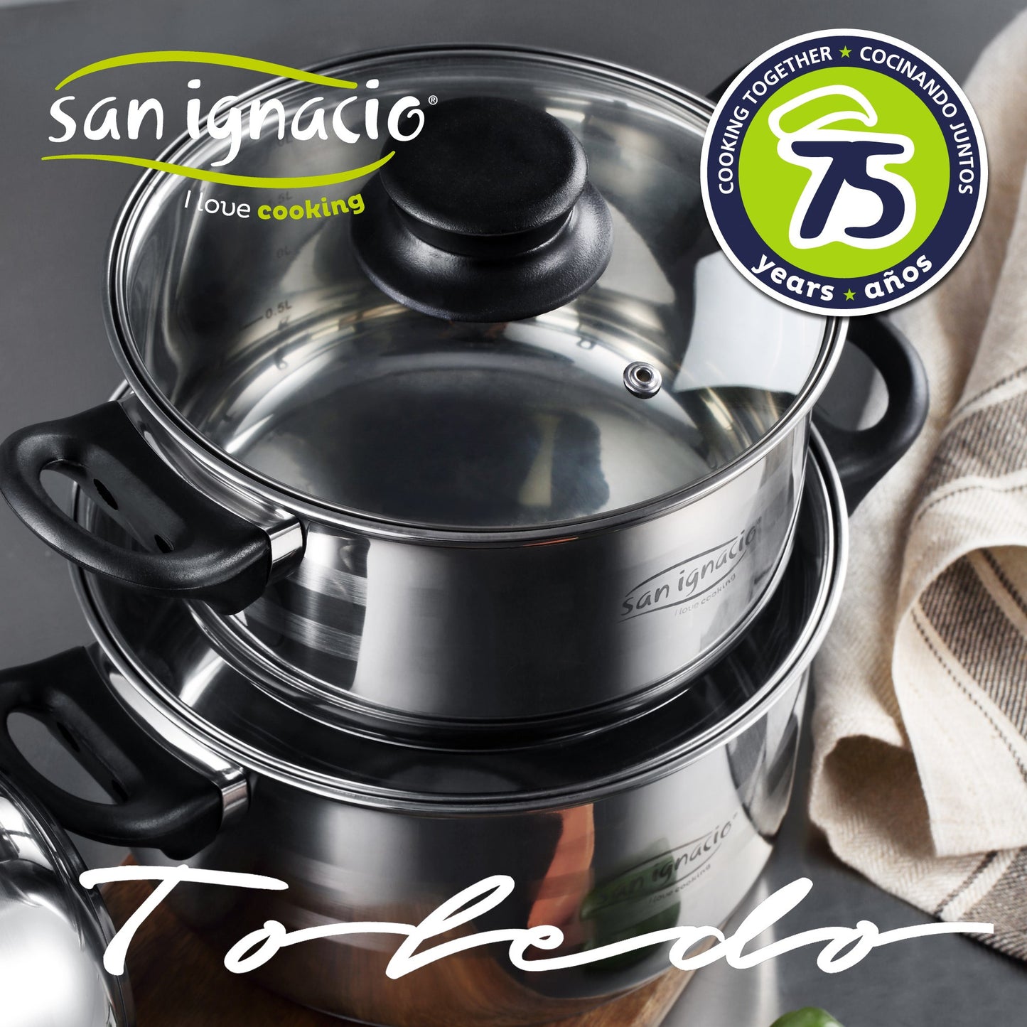 Batería De Cocina Sip 8 Piezas (dos Cazos + Tres Ollas Con Tapa De Vidrio) Con Set De 3 Sartenes Ø16/20/24 Cms Color Negro., Inducción_1