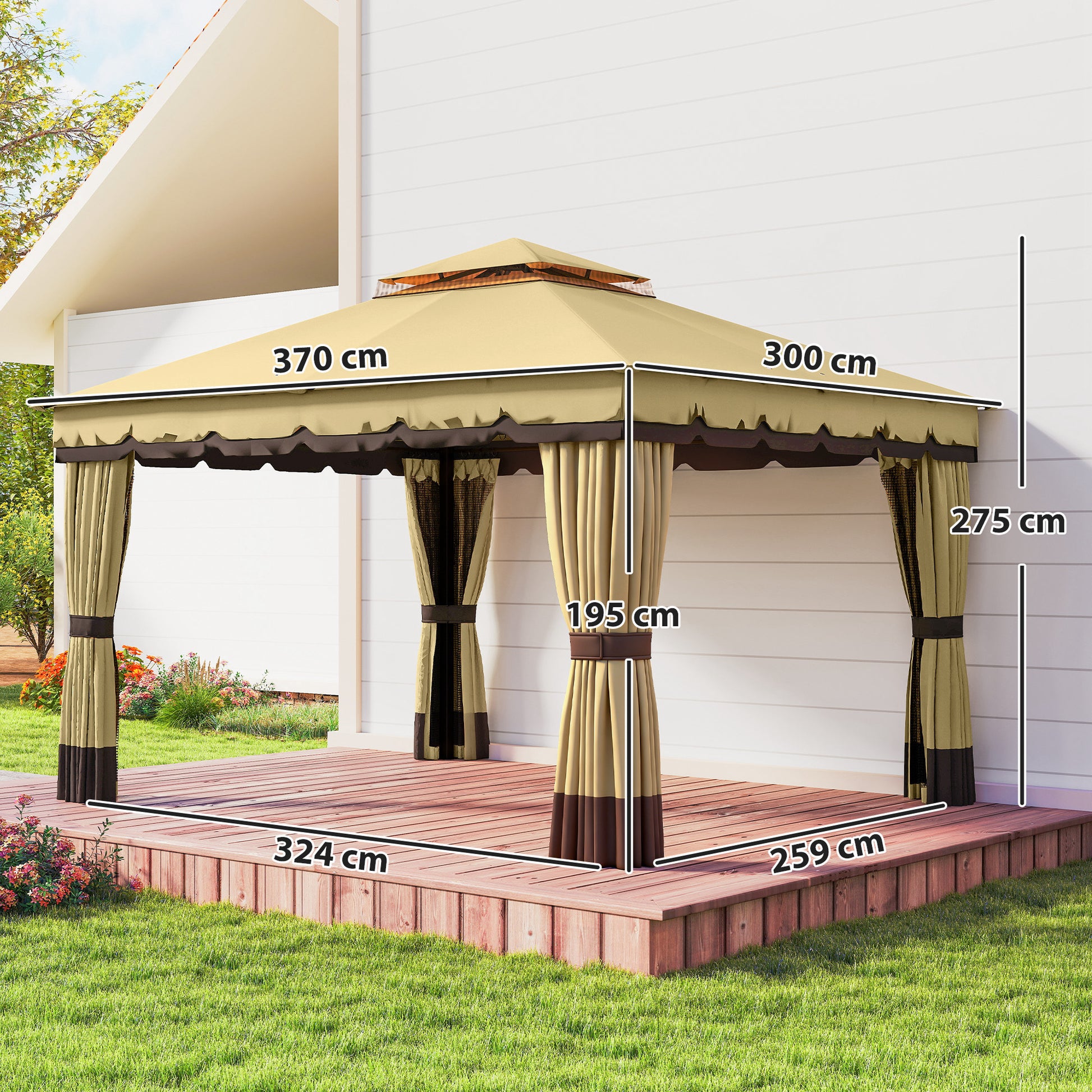 Outsunny Cenador De Jardín 3,7x3 M Con Doble Techo 4 Cortinas Y Mosquitera Beige_2