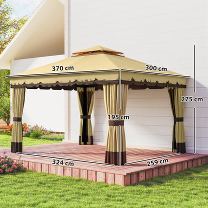 Outsunny Cenador De Jardín 3,7x3 M Con Doble Techo 4 Cortinas Y Mosquitera Beige_2