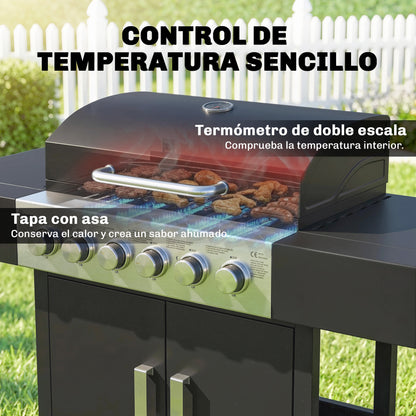 Barbacoa De Gas Outsunny Metal, Acero Inoxidable Negro 135x51x101 Cm_5