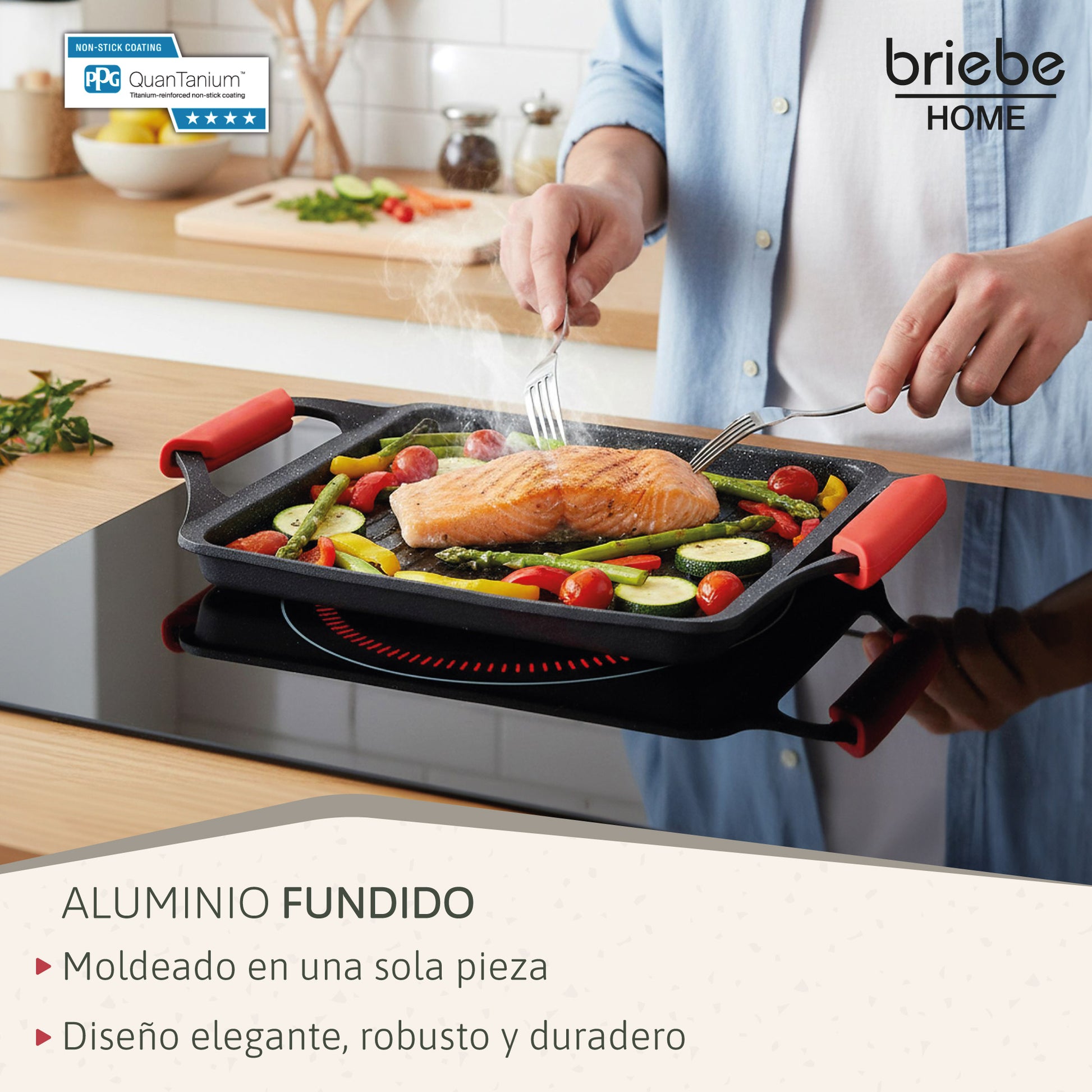 Briebe Plancha Cocina Inducción Asar, Antiadherente Titanio 5 Capas, Aluminio Fundido 43x25cm Sin Pfoa, Black Titanium_2