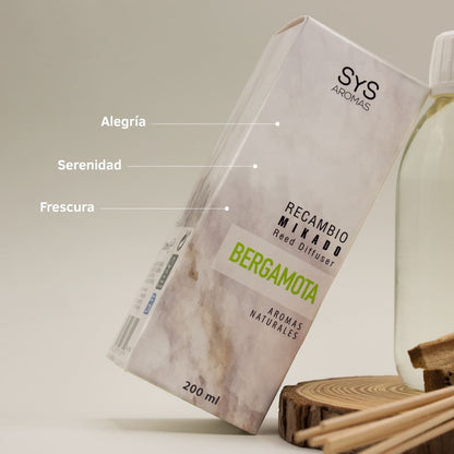 Recambio Mikado Bergamota Mármol SYS Aromas 200 ml | Con Palos | Aroma Cítrico y Floral | Equilibrante_1