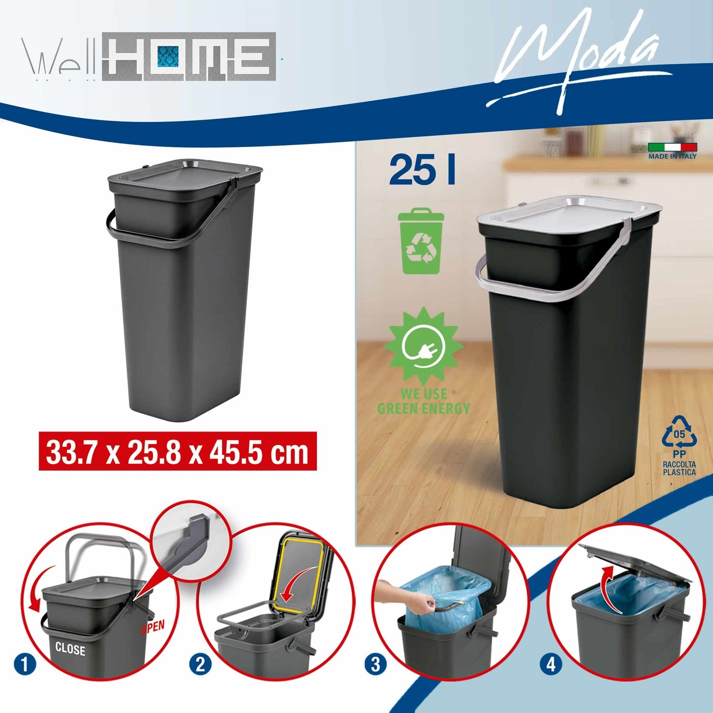 Set De 4 Papeleras moda 5l/10l/25l/40l Grafito Con Asa_3