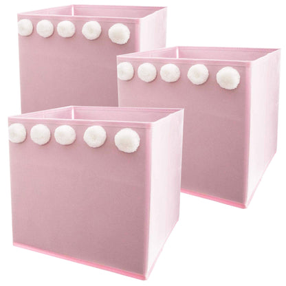 Set De 3 Cajas De Almacenamiento Infantil Con Pompones Color Rosa - 29 X 29 X 29 Cm_0