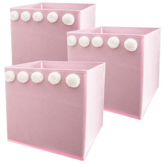 Set De 3 Cajas De Almacenamiento Infantil Con Pompones Color Rosa - 29 X 29 X 29 Cm_0