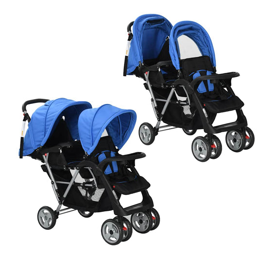 Vidaxl Carrito Para 2 Niños Tandem De Acero Azul Y Negro_0