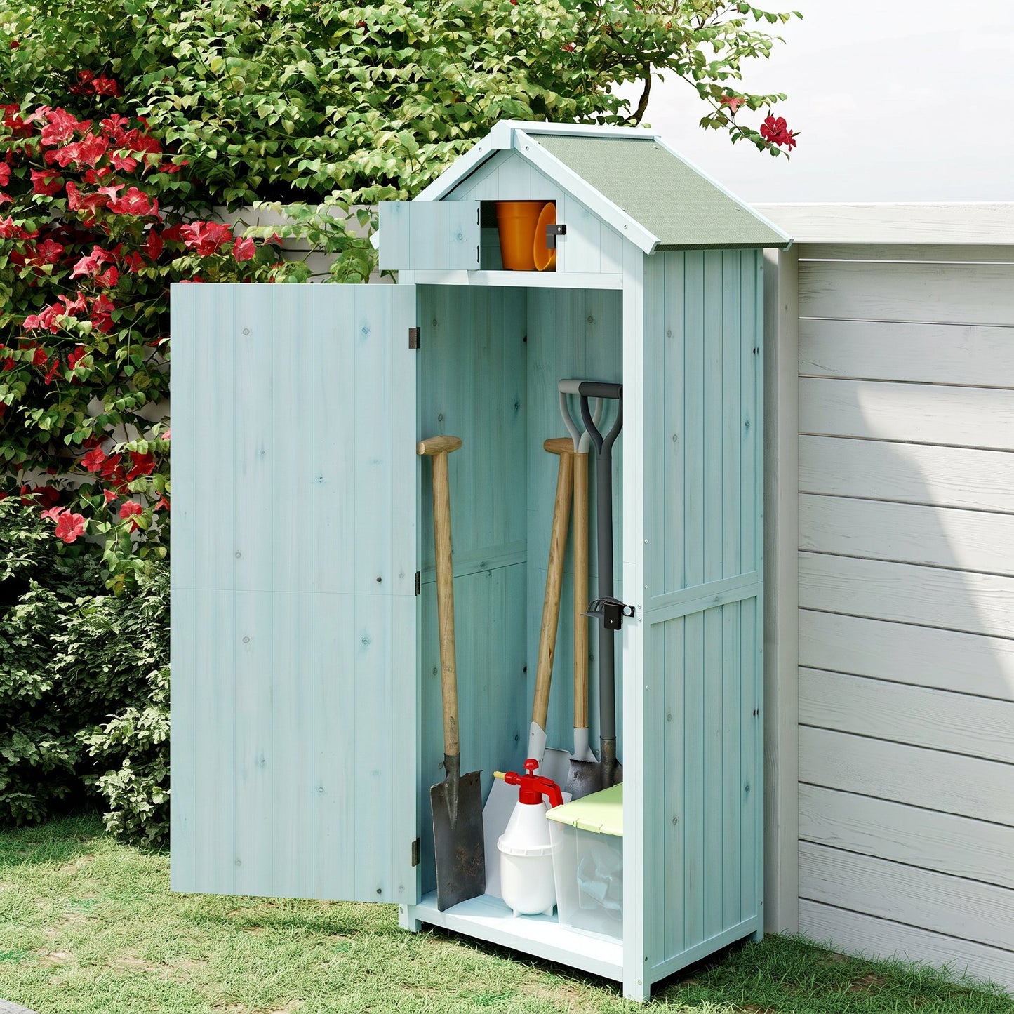 Outsunny Armario De Jardín De Madera Con Estantes 77x54,2x179 Cm Azul Y Verde_4