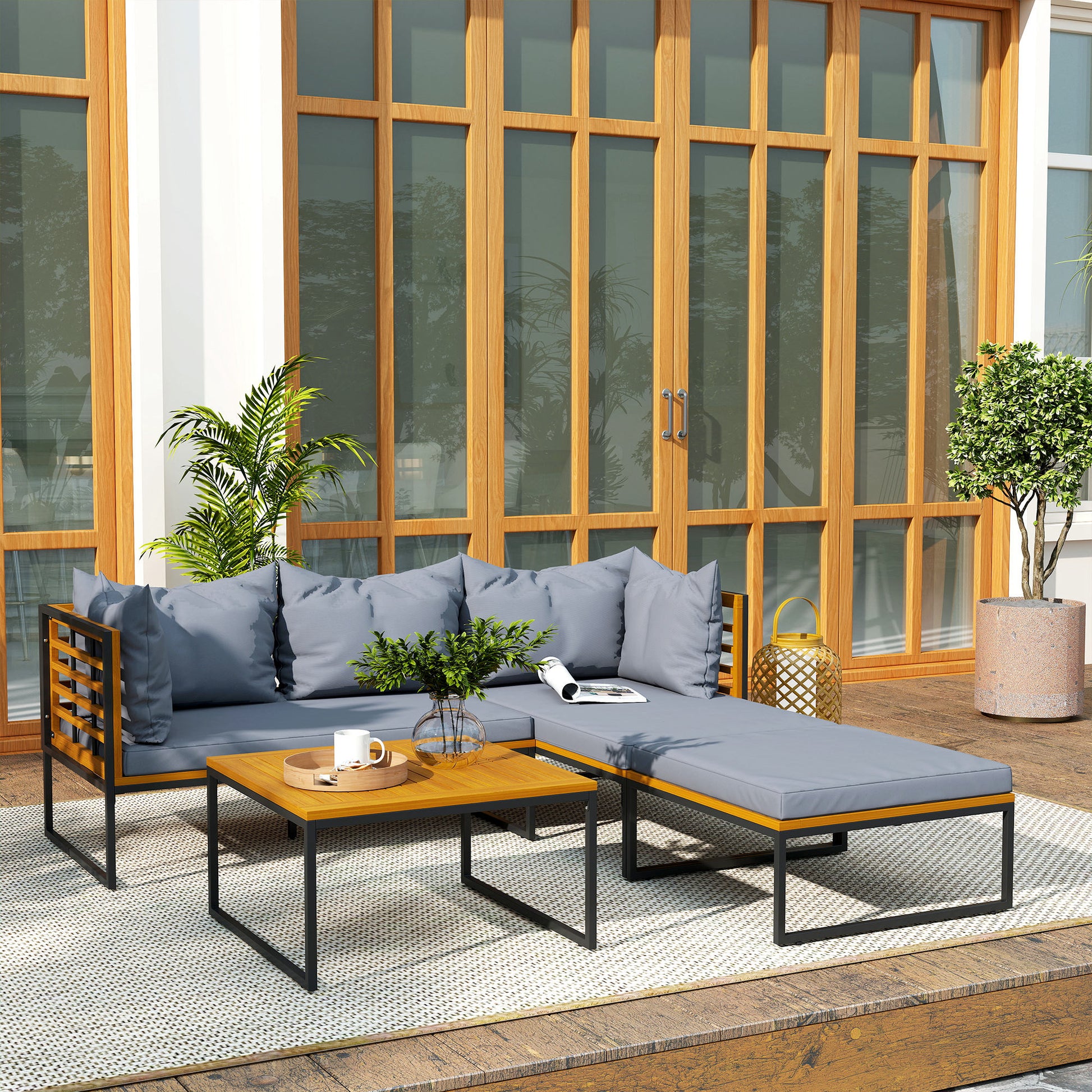 Outsunny Conjunto De Jardín Exterior De 4 Piezas En Forma De L Gris Y Teca_1