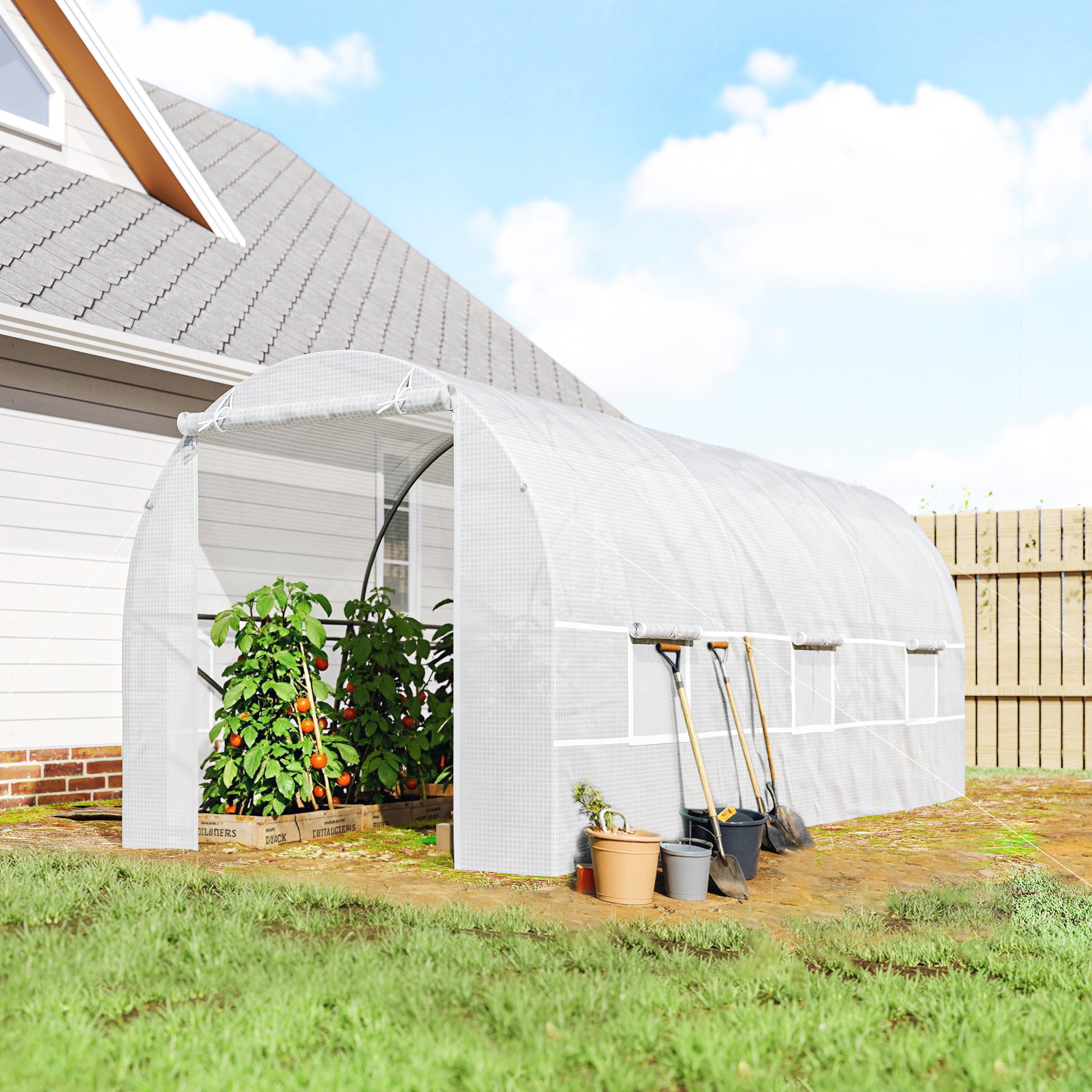 Outsunny Invernadero Túnel 445x200x200 Cm Con 6 Ventanas Cultivo Plantas Blanco_1