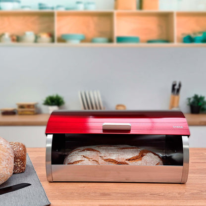 Panera De Mesa +juego 3 Botes Cocina Almacenaje Acero Inoxidable Contenedor De Pan Con Tapa, Briebe, Bb1161, Rojo / Acero Inoxidable