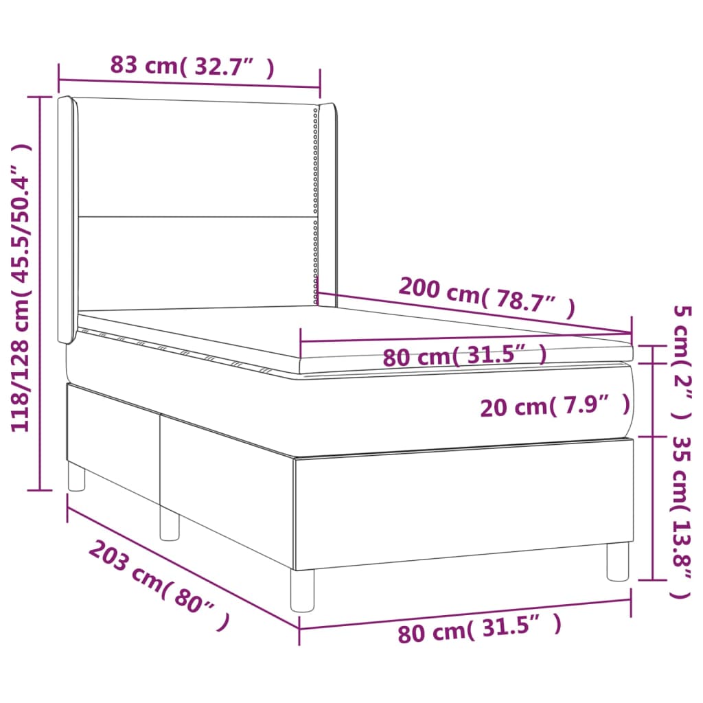 Cama Box Spring Colchón Y Luces Led Tela Gris Claro 80x200 Cm / Vetonek_5