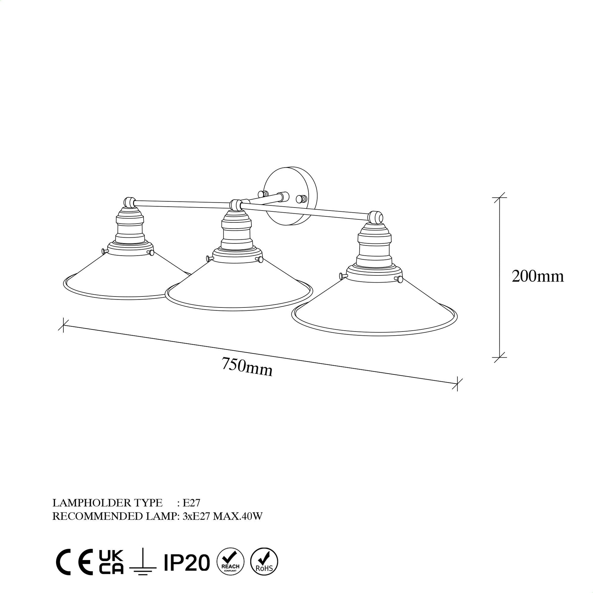 Aplique De Pared, Metal , Oro, 75x27x20, Casquillo 3 X E27 Max 40 W_1