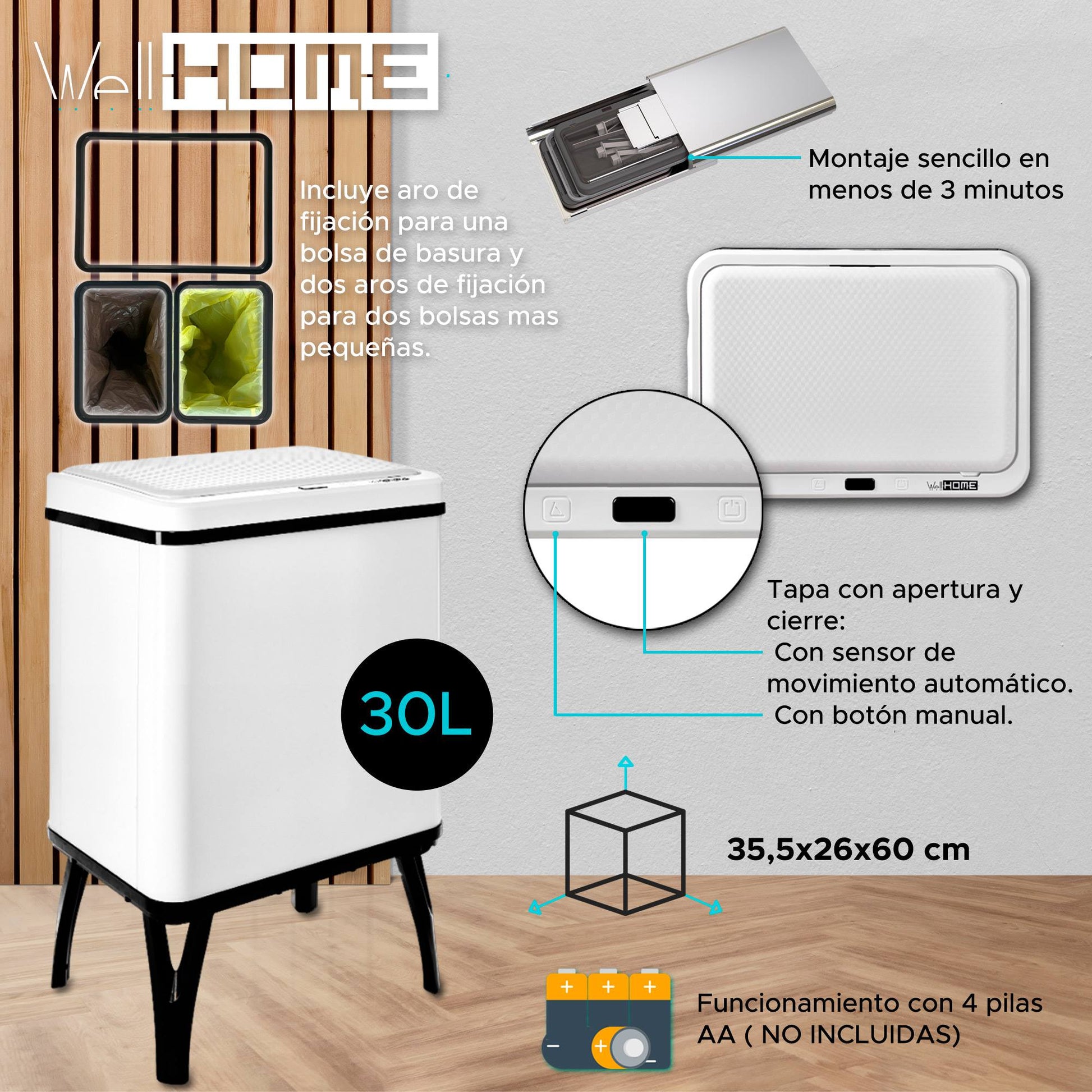 Cubo Inteligente Reciclaje 15l+15l Apertura Auto Blanco_1