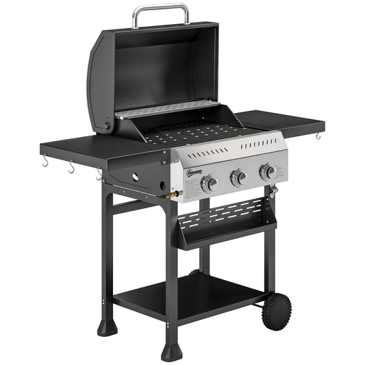 Outsunny Barbacoa De Gas Con 3 Quemadores 9 Kw Termómetro Mesas Laterales Negro_0