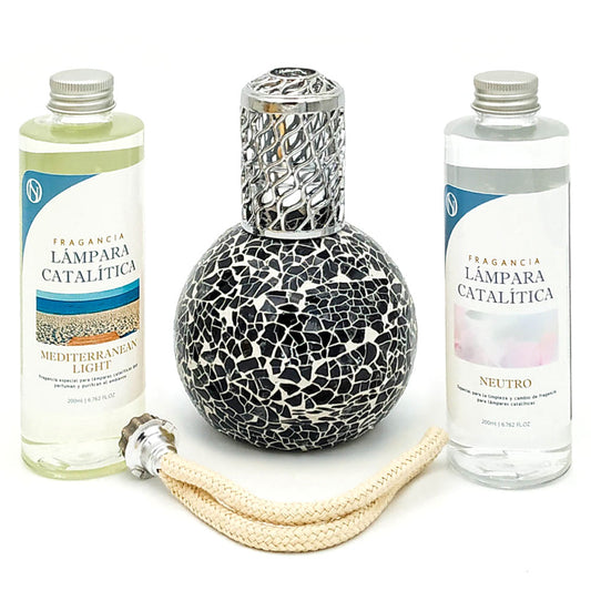 Pack Ahorro Lámpara Catalítica Mosaico Negro + Fragancia Mediterranean Light 500ml + Limpiador 200ml + Mecha Repuesto_0