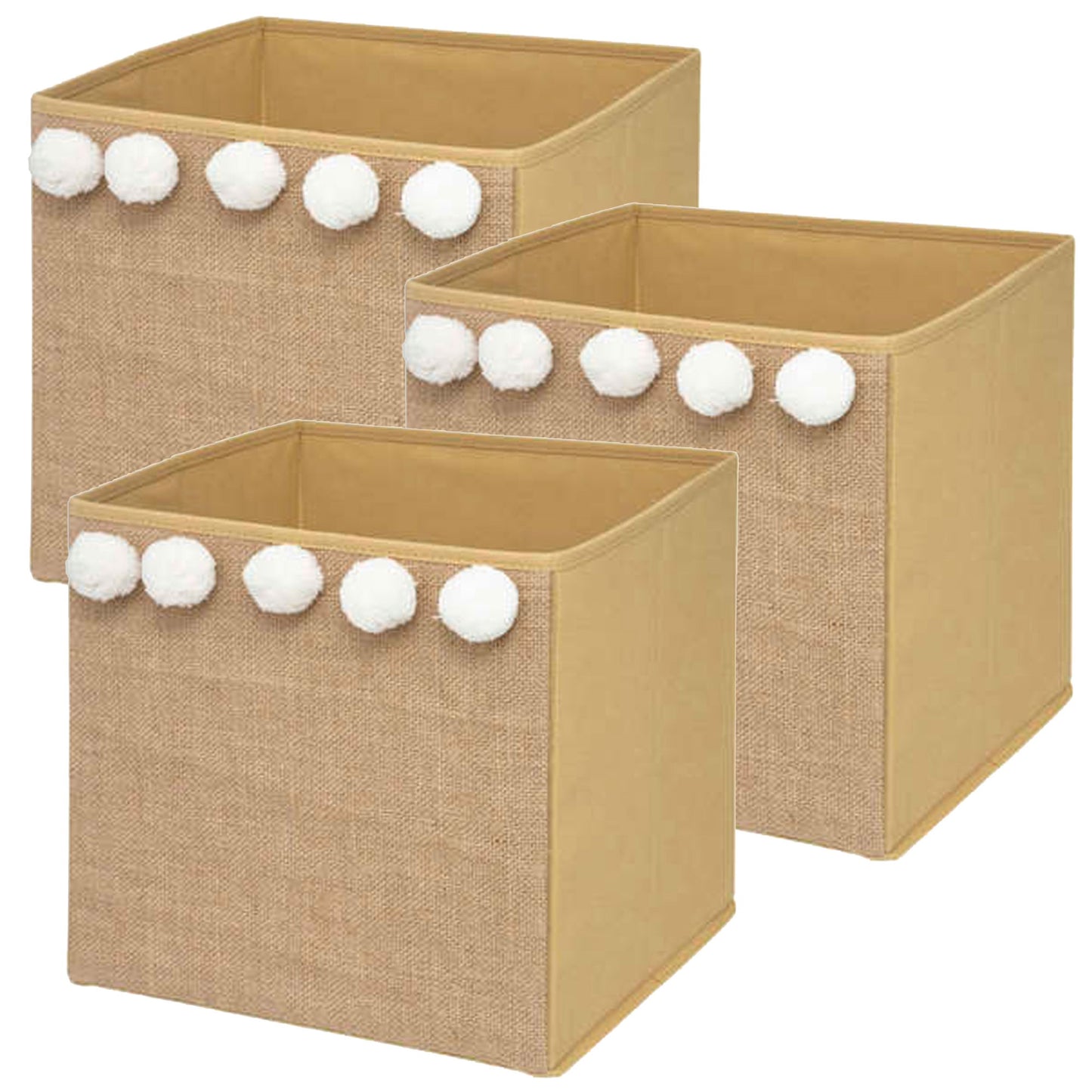 Set De 3 Cajas De Almacenamiento Infantil Con Pompones En Yute - 29 X 29 X 29 Cm