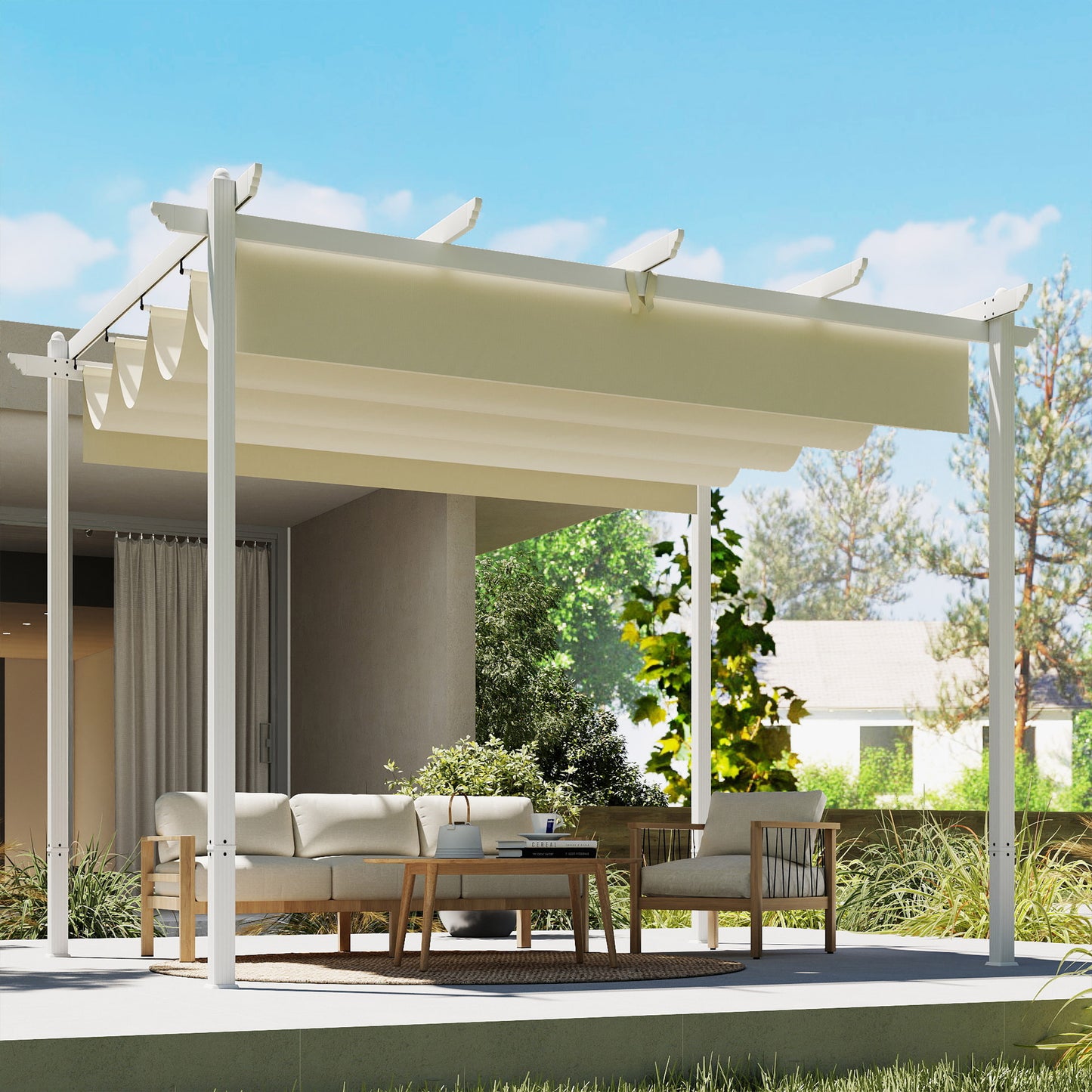 Outsunny Pérgola De Jardín 4x3 M Con Techo Retráctil Upf30+ Drenaje Beige_4