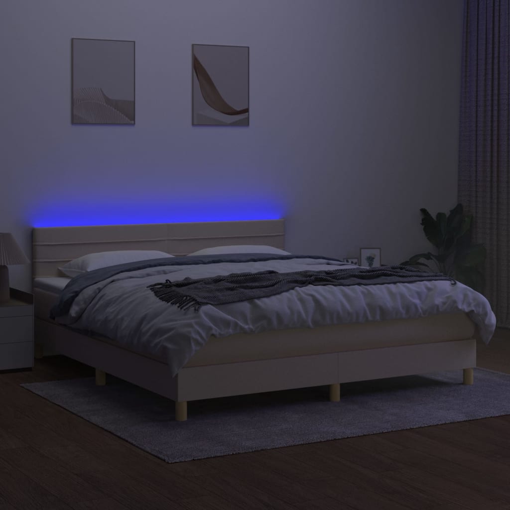 Cama Box Spring Con Colchón Y Led Tela Crema 160x200 Cm / Vetonek_0