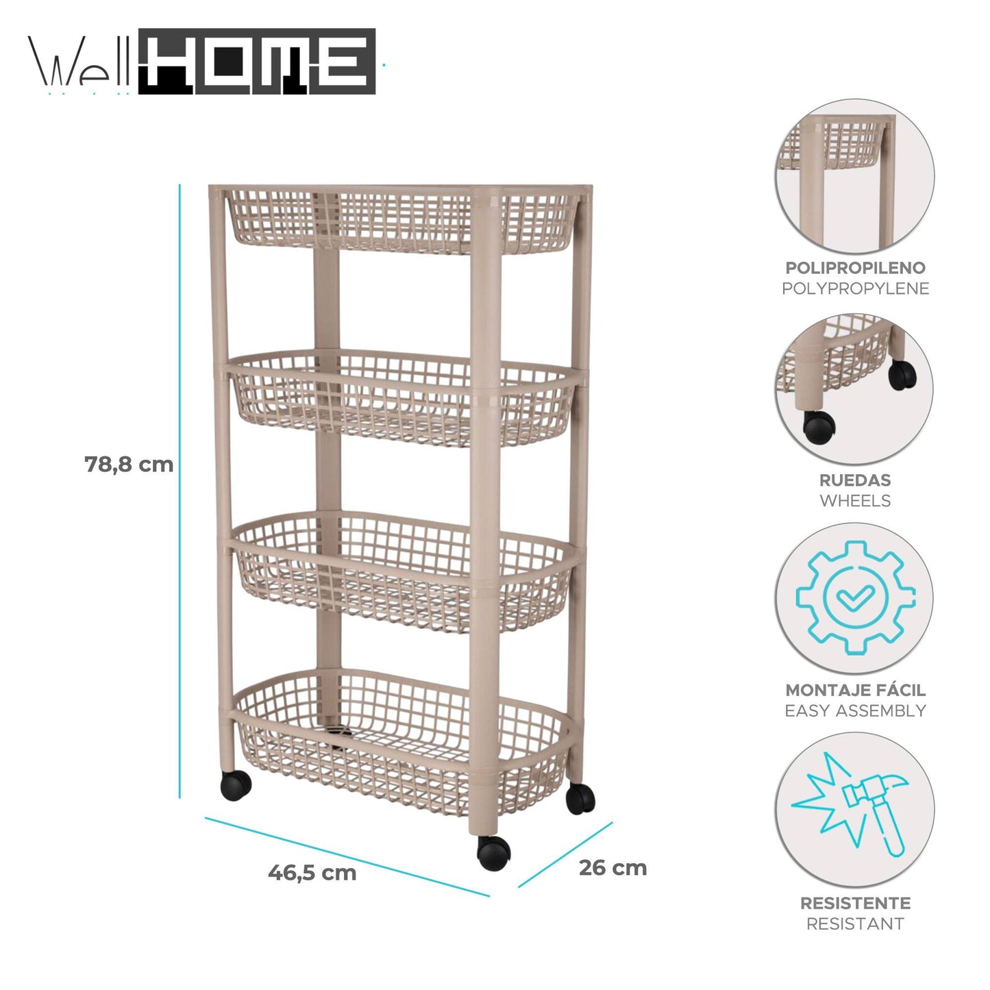 Well Home Carro De Cocina Con 4 Ruedas Color Beige