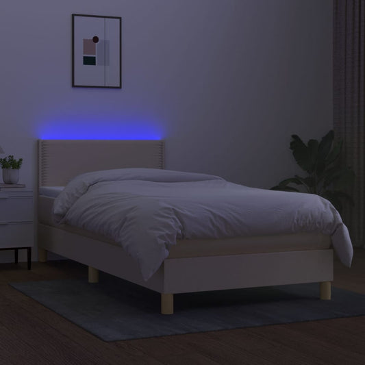 Cama Box Spring Con Colchón Y Led Tela Crema 90x190 Cm / Vetonek_0