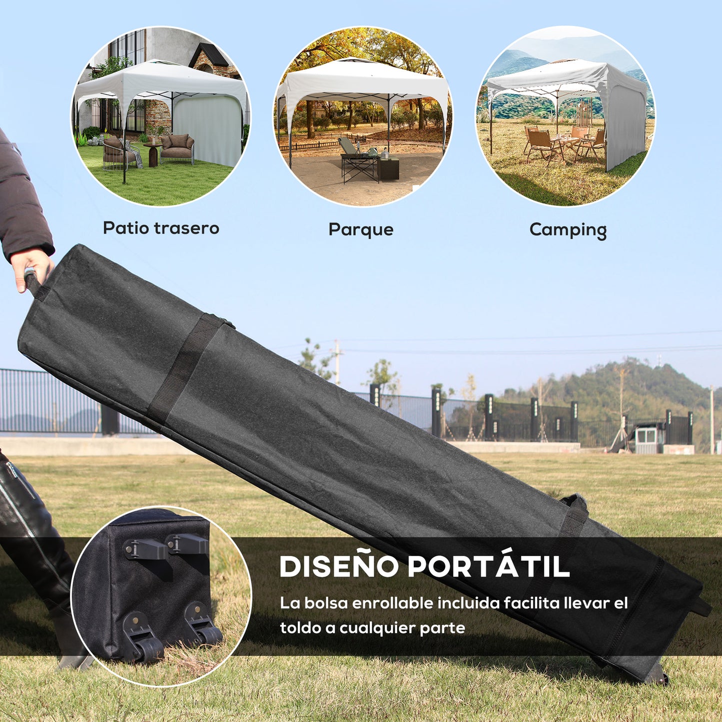 Outsunny Carpa Plegable 3x3 M Altura Ajustable 1 Pared Lateral Blanco_5