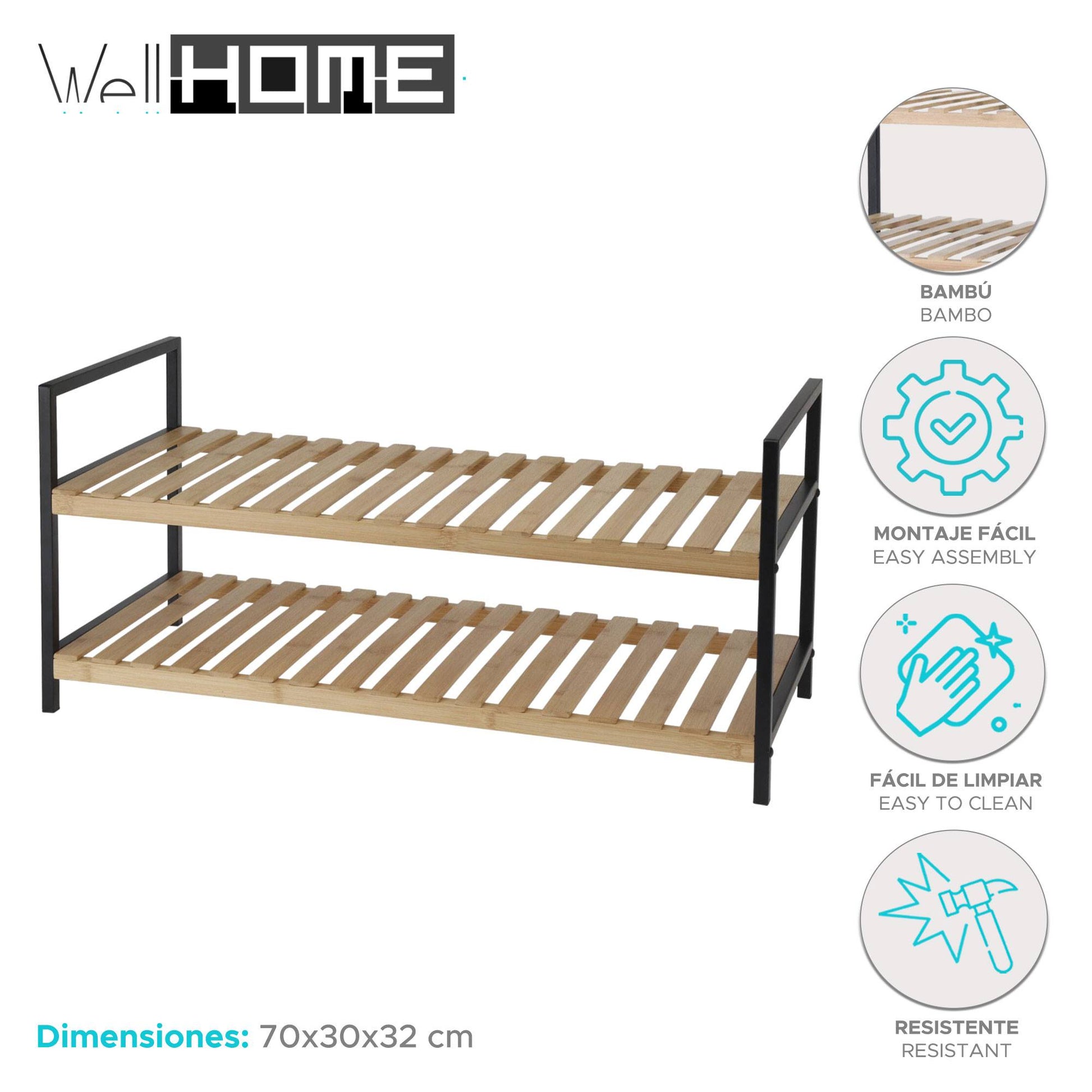 Well Home Zapatero De Bambú Con 2 Estantes En Metal Y Bambú 70x30x32cm