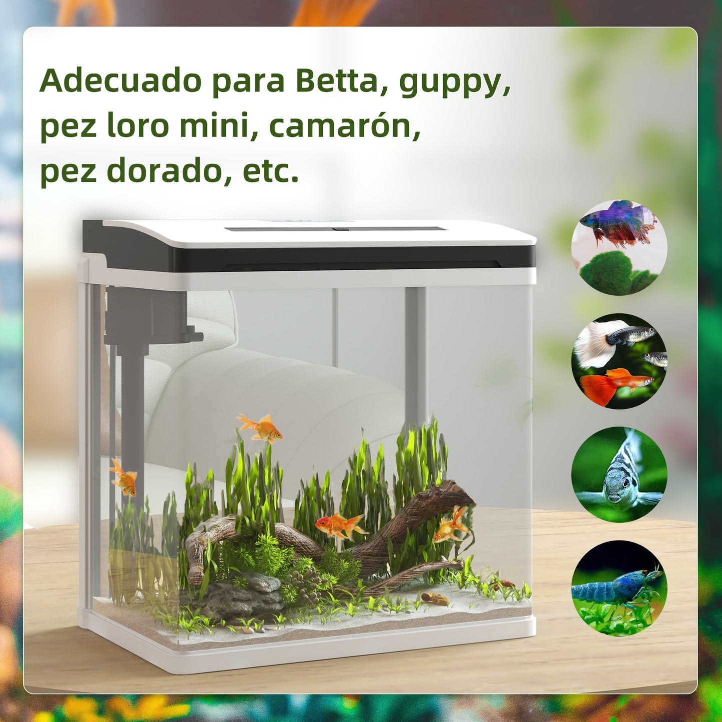 Pawhut Acuario De Cristal De 13l Pecera Pequeña Con Sistema De Filtro Iluminación Led Bomba De Agua 29x20x30_3