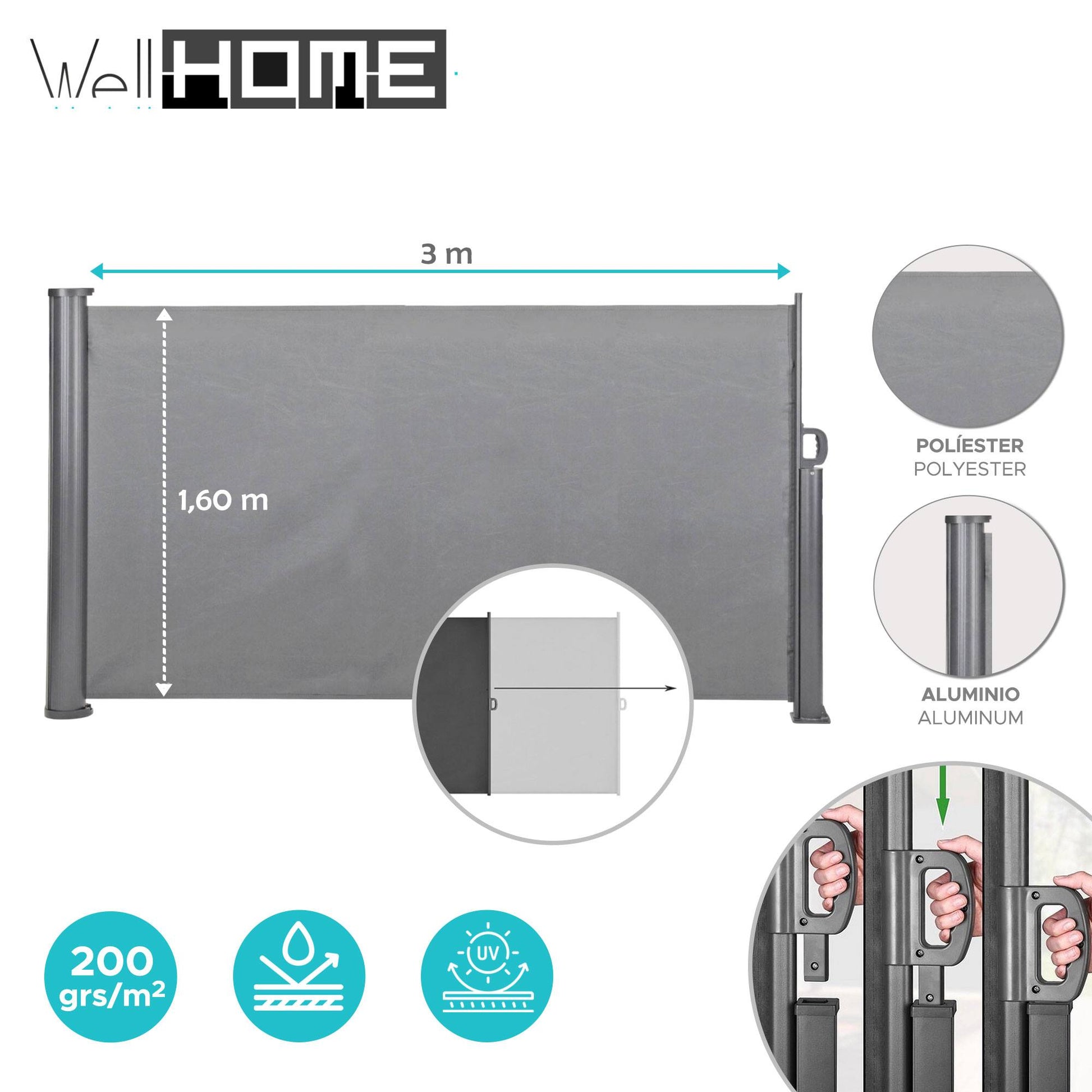 Well Home - Toldo Terraza 3m Tela Poliéster Y Carcasa De Aluminio