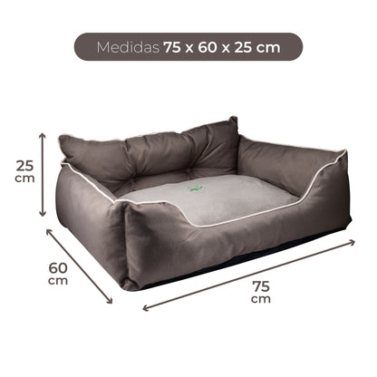 Cama Para Mascota 75x60x25cm Marrón + Comedero Doble De Acero En Bambú