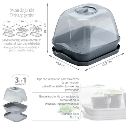 Semillero/bandeja Multiusos Con Tapa De Policarbonato Respana Table Greenhouse, Dimensiones (mm) 257x196x185, Color Antracita