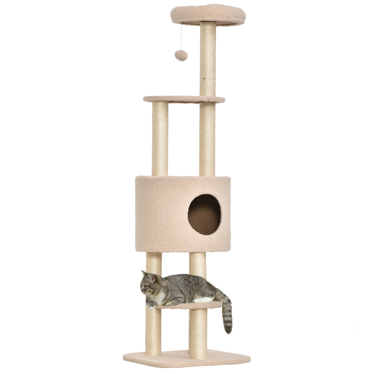 Pawhut Árbol Para Gatos Altura 148 Cm Con Postes De Sisal Y 3 Plataformas Beige_0